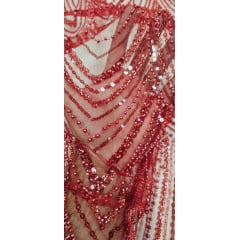 Tule Bordado com Pedrarias Premium Vermelho Cereja Y1629