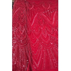 Tule Bordado com Pedrarias Premium Vermelho Cereja Y1629
