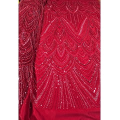 Tule Bordado com Pedrarias Premium Vermelho Cereja Y1629