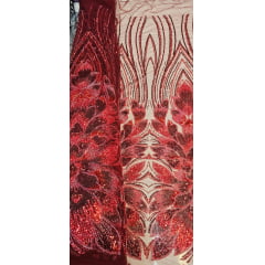 Tule Bordado com Pedrarias Premium Vermelho com Marsala  HT70523 
