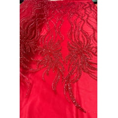 Tule Bordado com Pedrarias Premium Vermelho Ferrari Modelo HS3024