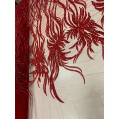 Tule Bordado com Pedrarias Premium Vermelho Ferrari Modelo HS3024