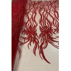 Tule Bordado com Pedrarias Premium Vermelho Ferrari Modelo HS3024