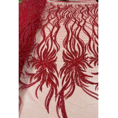 Tule Bordado com Pedrarias Premium Vermelho Ferrari Modelo HS3024