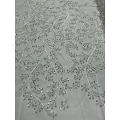Tule Bordado com Pedrarias Ramos Branco HS783
