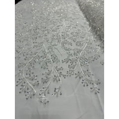 Tule Bordado com Pedrarias Ramos Branco HS783