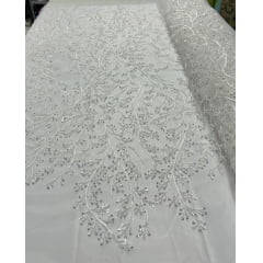 Tule Bordado com Pedrarias Ramos Branco HS783