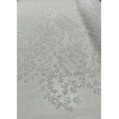 Tule Bordado com Pedrarias Ramos Branco HS783