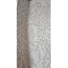 Tule Bordado com Pedrarias Ramos Dourado HS783 