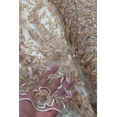 Tule Bordado com Pedrarias Rosê Gold Modelo ST933