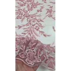 Tule Bordado com Pedrarias Rosê Modelo ST933