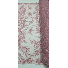 Tule Bordado com Pedrarias Rosê Modelo ST933