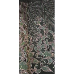 Tule Bordado com Pedrarias Verde com Rosê Gold Multicolor HT70522