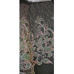 Tule Bordado com Pedrarias Verde com Rosê Gold Multicolor HT70522