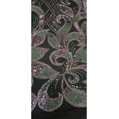 Tule Bordado com Pedrarias Verde com Rosê Gold Multicolor HT70522