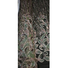 Tule Bordado com Pedrarias Verde com Rosê Gold Multicolor HT70522