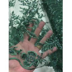 Tule Bordado com Pedrarias Verde Floresta Modelo ST933