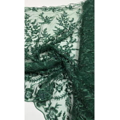 Tule Bordado com Pedrarias Verde Floresta Modelo ST933 Tule Bordado com Pedrarias Verde Floresta Modelo ST933