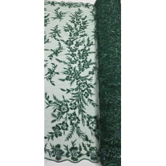 Tule Bordado com Pedrarias Verde Floresta Modelo ST933