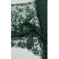 Tule Bordado com Pedrarias Verde Floresta Modelo ST933