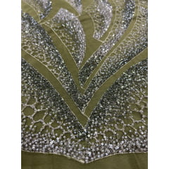Tule Bordado com Pedrarias Verde Oliva Modelo HS2091