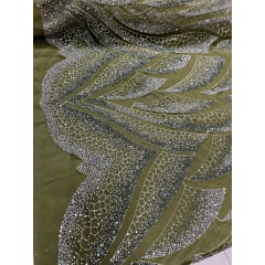 Tule Bordado com Pedrarias Verde Oliva Modelo HS2091
