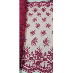 Tule Bordado Coreano Bicolor Pink com Fúcsia Com Pedrarias 