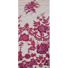 Tule Bordado Coreano Bicolor Pink com Fúcsia Com Pedrarias 