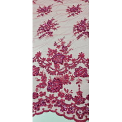 Tule Bordado Coreano Bicolor Pink com Fúcsia Com Pedrarias 