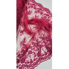 Tule Bordado Coreano Bicolor Pink com Fúcsia Com Pedrarias 
