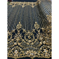 Tule Bordado Coreano Com Pedrarias em 3D Ouro Velho