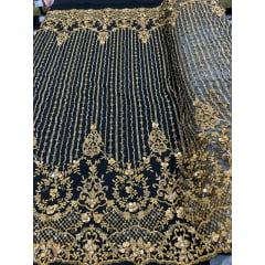 Tule Bordado Coreano Com Pedrarias em 3D Ouro Velho