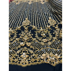 Tule Bordado Coreano Com Pedrarias em 3D Ouro Velho