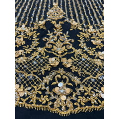 Tule Bordado Coreano Com Pedrarias em 3D Ouro Velho