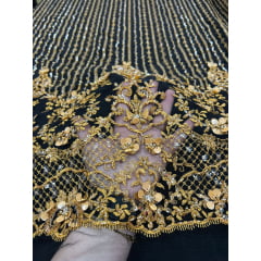 Tule Bordado Coreano Com Pedrarias em 3D Ouro Velho