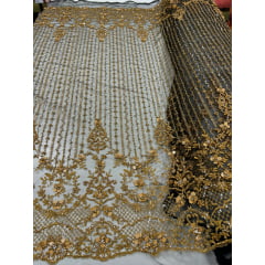 Tule Bordado Coreano Com Pedrarias em 3D Ouro Velho