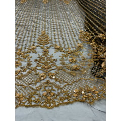 Tule Bordado Coreano Com Pedrarias em 3D Ouro Velho