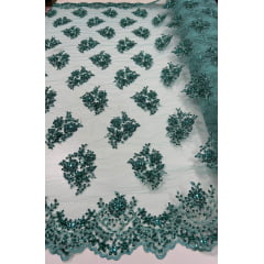 Tule Bordado Coreano Com Pedrarias Verde Esmeralda e Fio Metálico Prata