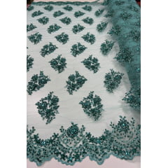 Tule Bordado Coreano Com Pedrarias Verde Esmeralda e Fio Metálico Prata