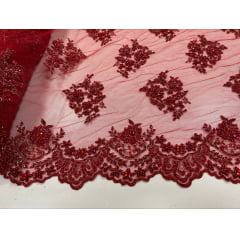 Tule Bordado Coreano Com Pedrarias Vermelho Cereja e Fio Metálico Dourado 