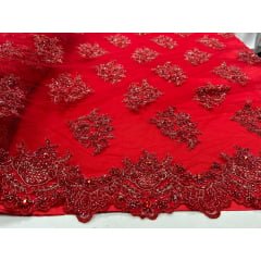 Tule Bordado Coreano Com Pedrarias Vermelho Cereja e Fio Metálico Dourado 