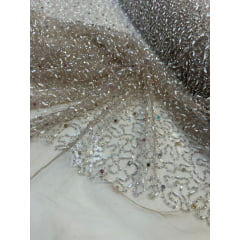 Tule Bordado Nude com Pedrarias Multicolor JDST