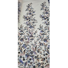 Tule Bordado Premium com Fundo Nude e Pedrarias  Multicolor 1866
