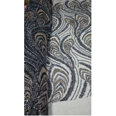 Tule Bordado Premium com Pedrarias Azul Marinho Multicolor HS1055
