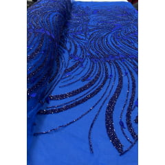 Tule Bordado Premium com Pedrarias Azul Royal com Azul Marinho HS1869