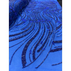 Tule Bordado Premium com Pedrarias Azul Royal com Azul Marinho HS1869