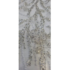 Tule Bordado Premium com Pedrarias Champagne com Prata  BC284A1