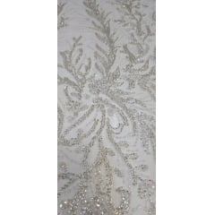 Tule Bordado Premium com Pedrarias Champagne com Prata  BC284A1