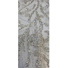 Tule Bordado Premium com Pedrarias Champagne com Prata  BC284A1