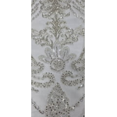 Tule Bordado Premium com Pedrarias Champanhe Arabescos HT2027